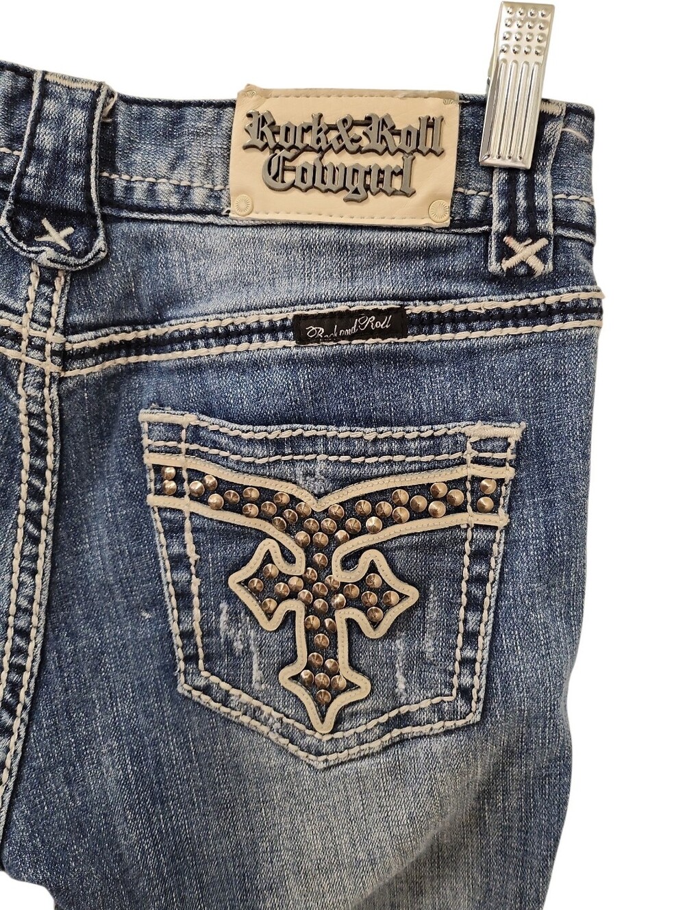 Rock & Roll Cowgirl Y2K Women's Dark Blue Studded Bootcut Jeans Size 27 - Picture 2 of 16